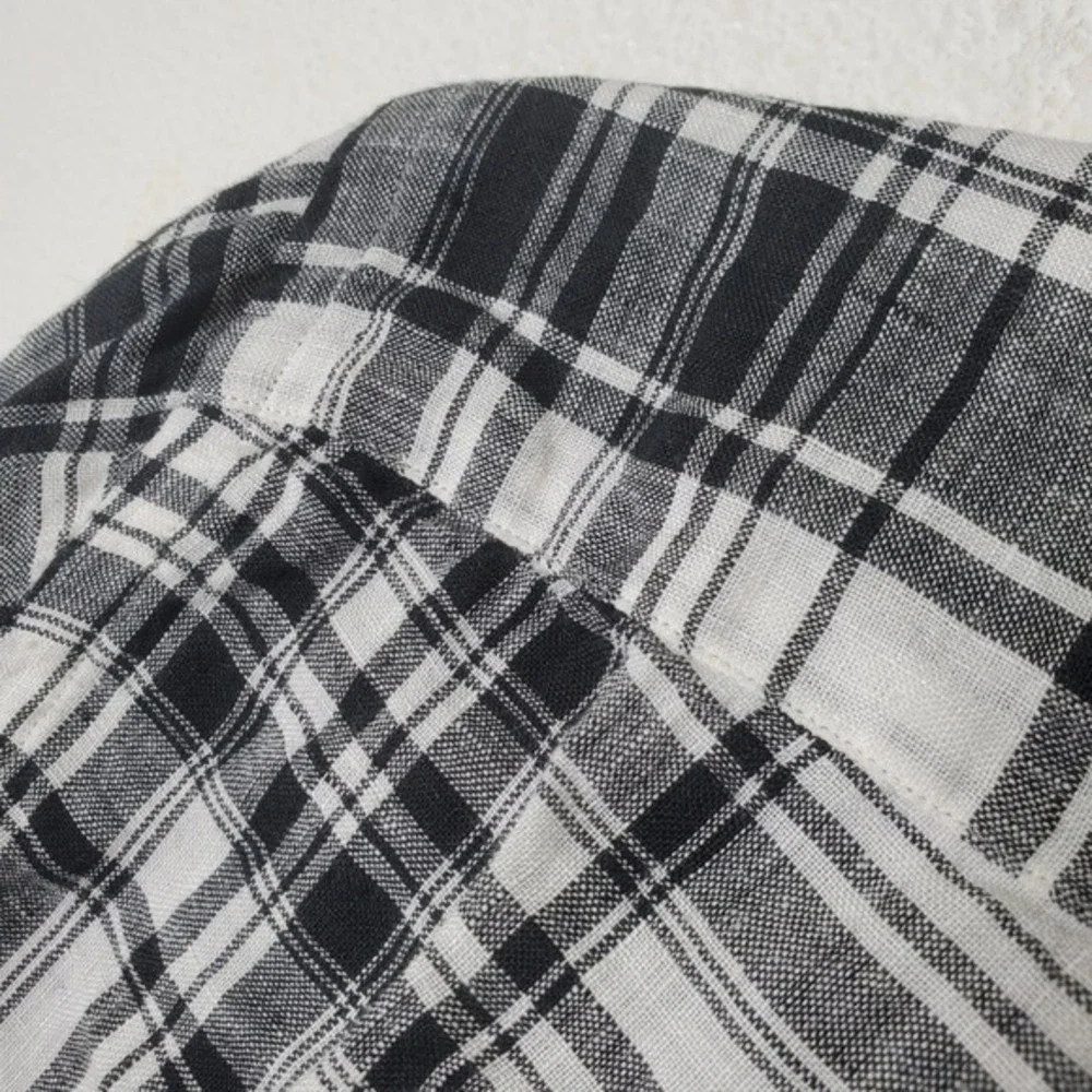 Ralph Lauren Black White Plaid Slub Linen Shirt Button Down Long Sleeve Youth Lg